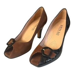 Anyi Lu Two Tone Peep Toe Shoes Heels Size 36 Suede Snakeskin Leather US 6